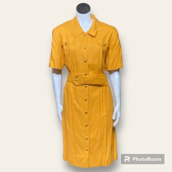 Vintage Yellow Button Down Belted Shirt Dress Size 10 100% silk - Picture 6 of 7